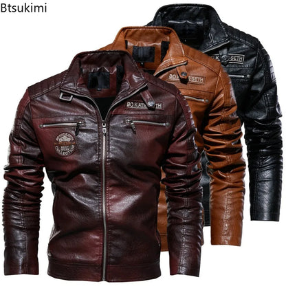 2026 Leather Jackets Men's Autumn Winter Fleece Motorcycle PU Leather Jackets Vintage Casual Stand Collar Windbreaker Slim Coats