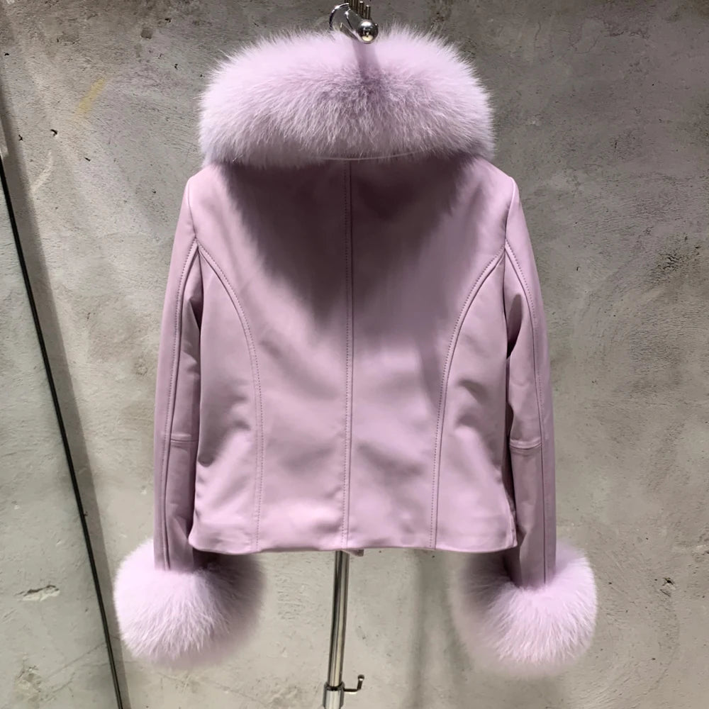 Fox Fur Collar Leather Jackets Women Autumn Luxury Natural Fox Fur Leather Jackets with Long Sleeve