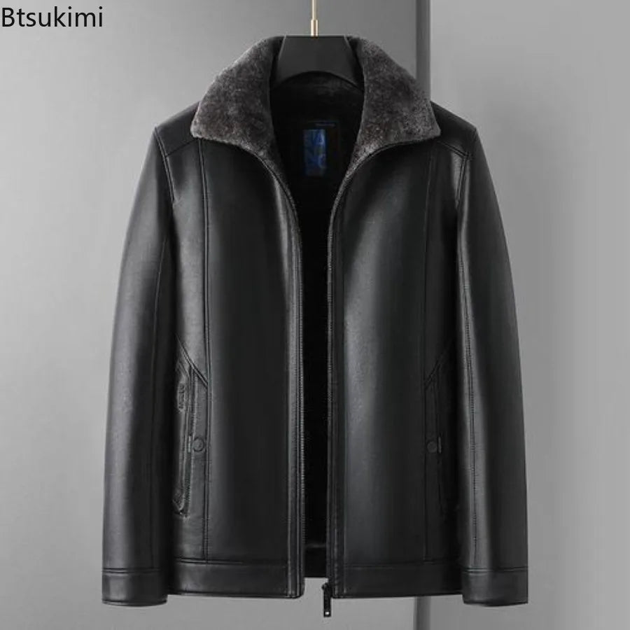 New Men's Leather Jackets Autumn Winter Fleece Warm Motorcycle Coat Fashion Business Casual PU Leather Jacket Men Slim Outerwear