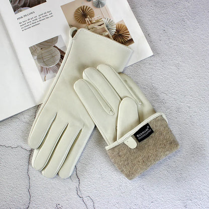 Leather Sheepskin Gloves Women's Autumn Warm Fleece Lining Color Fashion Thin Outdoor Activities Electric Bike Riding Driving