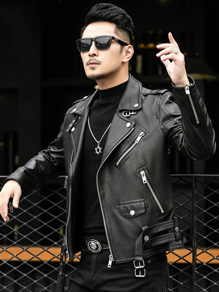 Moto leather jackets Black Leather Biker Jacket Men Zipper Long Sleeve Belt Plus Size European Fashion brand leather jackets