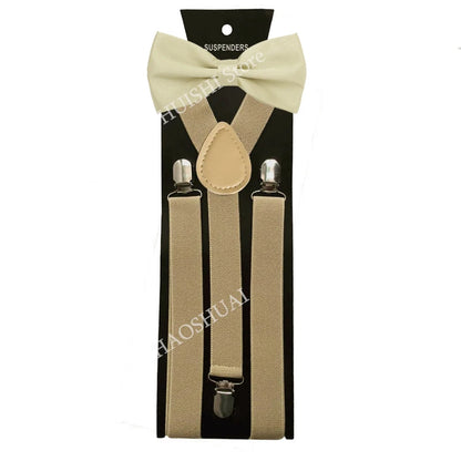 Suspenders Man Bowtie Solid Color Elastic PU Leather Suspenders For Man Belt Adjustable Straps For Wedding Bow Tie Accessories