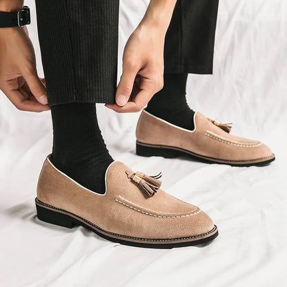 Italian Brand Cowhide Suede Pointed Toe Leather Shoes High Quality Men's Loafers Men's Casual Shoes British Style Flat Shoes