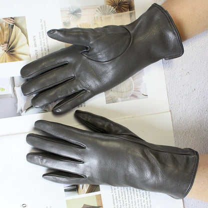 Leather Sheepskin Gloves Women's Autumn Warm Fleece Lining Color Fashion Thin Outdoor Activities Electric Bike Riding Driving