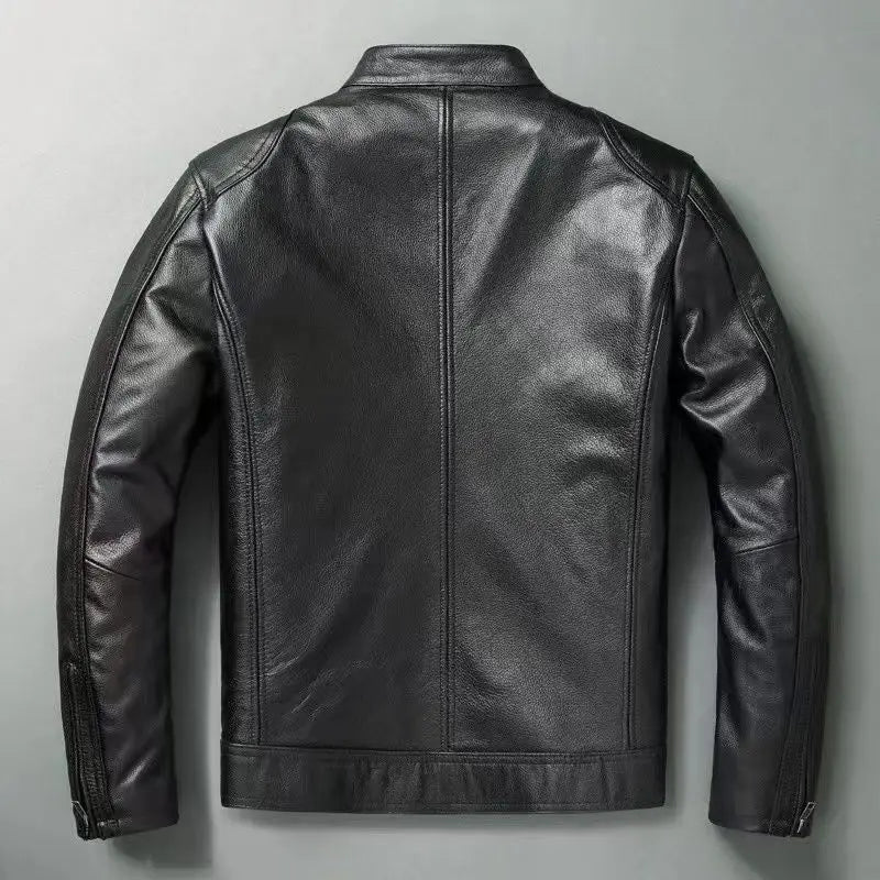 New Vintage Black Leather Jacket Natural Cowhide Men Motorcycle Biker Coat Mens Slim Calf Skin Coat