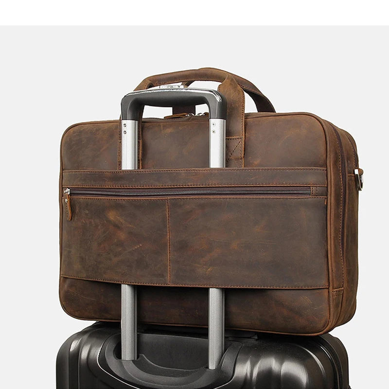 High Quality Genuine Leather Men Briefcase Business bag Crazy Horse Leather Large 17"inch Laptop Bag male Portfolio Office Case