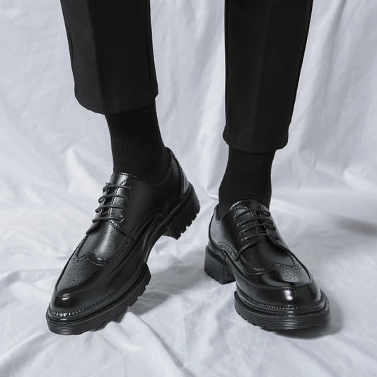 New Leather Shoes for Young Men British Brock Formal Business Increase Casual Black Wedding Groom Lace-Up Men's Shoes