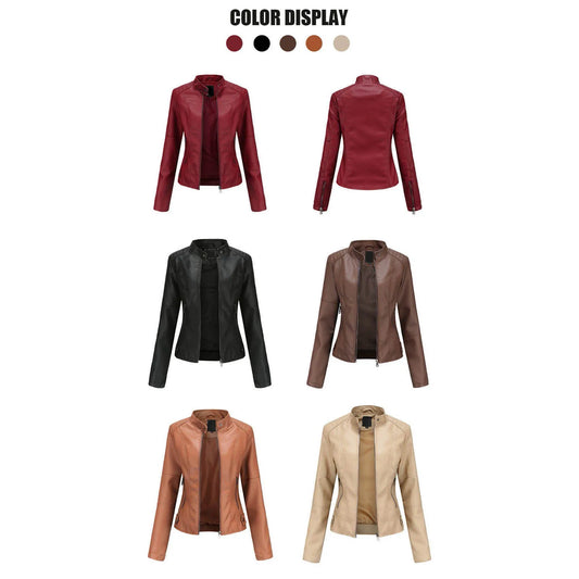 Women's Solid Color Pu Leather Jackets Slim Fit Zipper Leather Bomber Coat Turtleneck Women's Motorcycle Leather Jackets куртка
