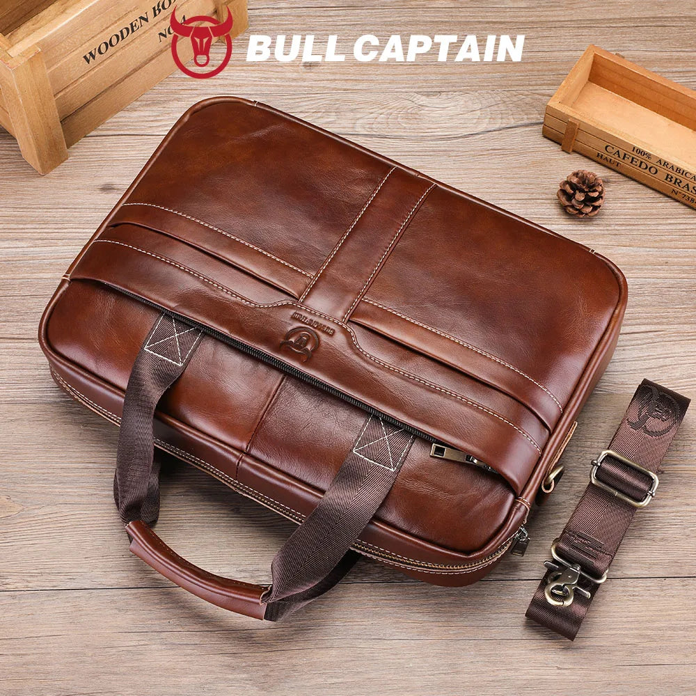 BULLCAPTAIN Leather Laptop Bag, Top Layer Leather 15" Laptop Bag Men's Laptop Briefcase Briefcase Work Business Travel Bag 053