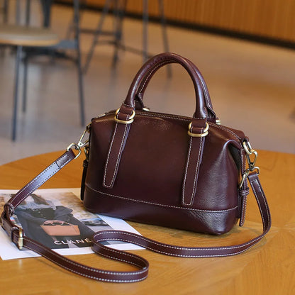 New Genuine Leather Boston Bag for Women First Layer Cowhide Shoulder Crossbody Handbag Elegant Versatile Top Handle Purse