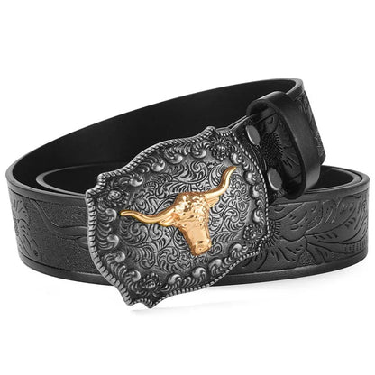 Men Western Cowboy Belt, Black Faux Leather with Embossed Pattern, Stylish Alloy Buckle, Cool Fashion Waist Belt for Daily Wear