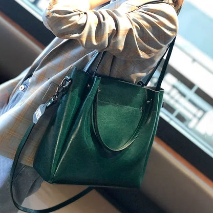 Genuine Leather Tote Bag for Women Large Capacity Oil Wax Leather Top Handle Shoulder Bag Vintage Luxury Designer Handbag