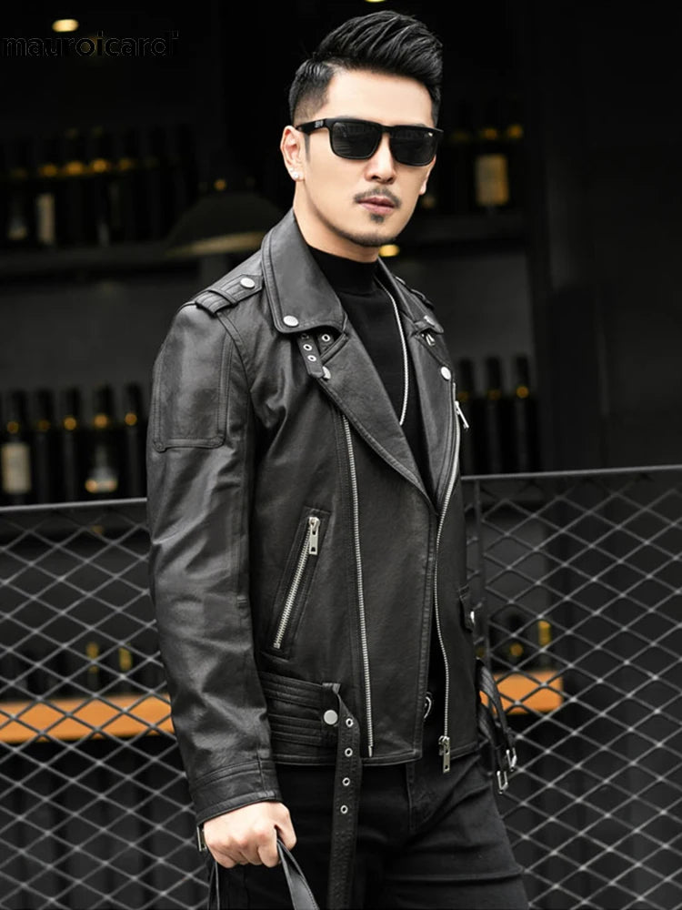 Moto leather jackets Black Leather Biker Jacket Men Zipper Long Sleeve Belt Plus Size European Fashion brand leather jackets