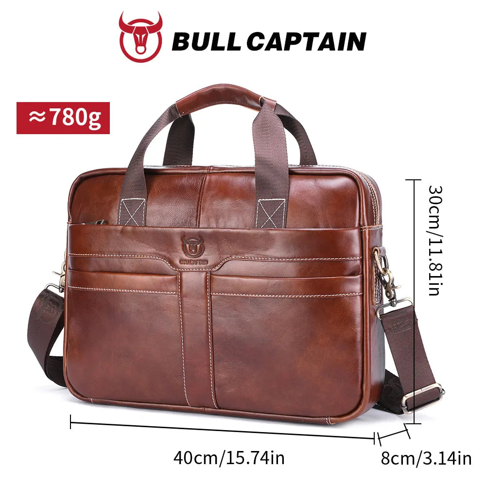 BULLCAPTAIN Leather Laptop Bag, Top Layer Leather 15" Laptop Bag Men's Laptop Briefcase Briefcase Work Business Travel Bag 053