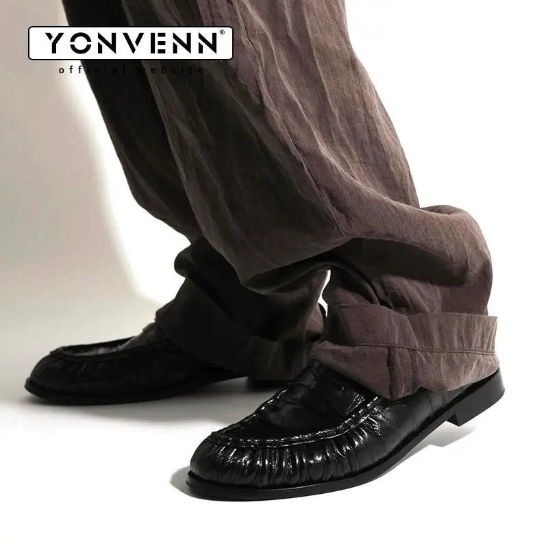 Loafers for men's eel skin pleated design a top layer cowhide slip in formal dress shoe suitable for casual work and commuting