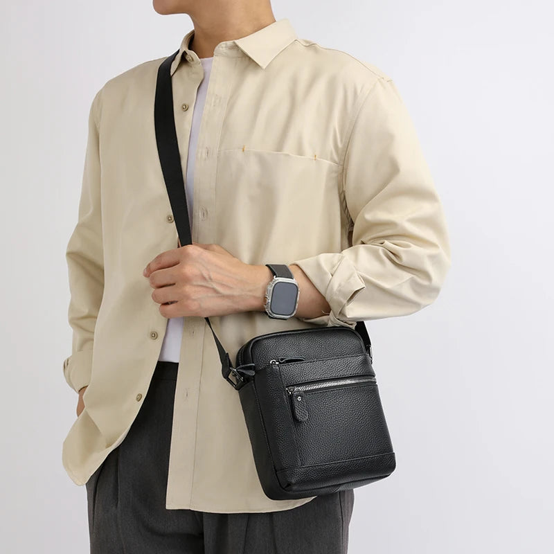 Men's Luxury Designer Genuine Leather Bag Simple Business Casual Shoulder Bag Multiple Pockets Small Crossbody Bags for Men