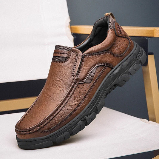 Men's Slip-On Casual Leather Shoes 2026 Wear-Resistant Anti-Skid Round Toe Loafers Thick Bottom Dress Footwear chaussure hommes