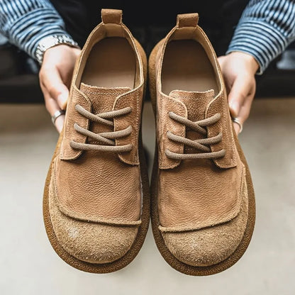 2025 Autumn New Leather Casual Shoes Wide Head Retro Low-top Lace-up Men's Shoes Trendy Versatile Soft Sole Breathable Shoes