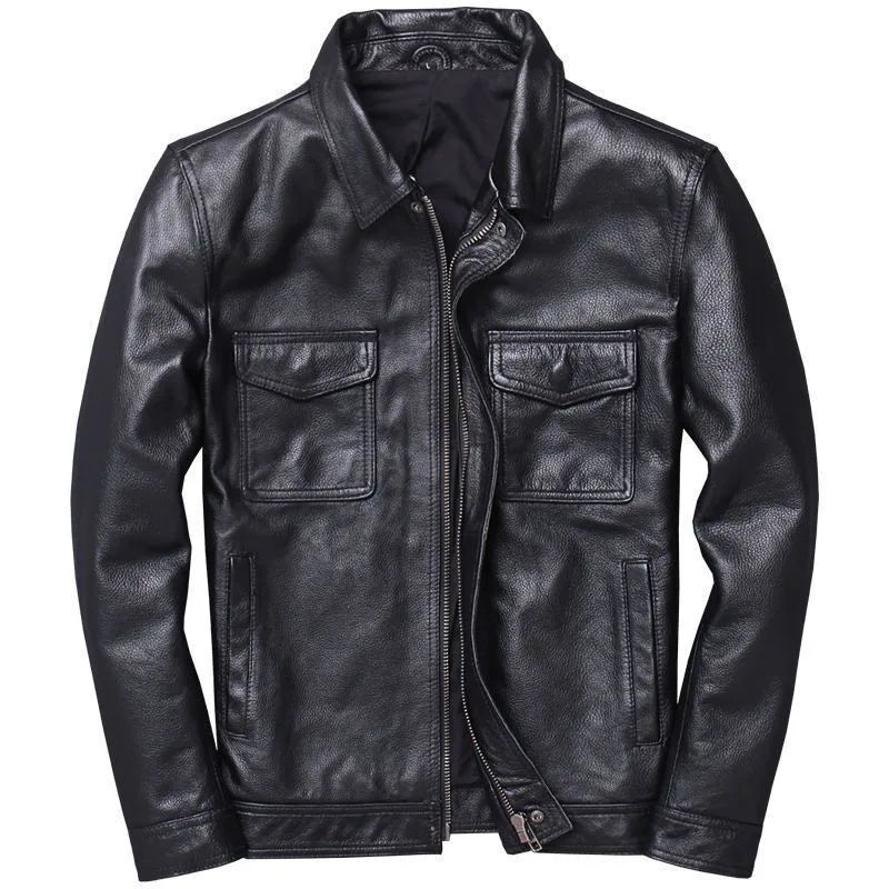 New Vintage Black Leather Jacket Natural Cowhide Men Motorcycle Biker Coat Mens Slim Calf Skin Coat