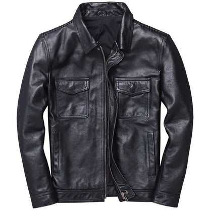 New Vintage Black Leather Jacket Natural Cowhide Men Motorcycle Biker Coat Mens Slim Calf Skin Coat