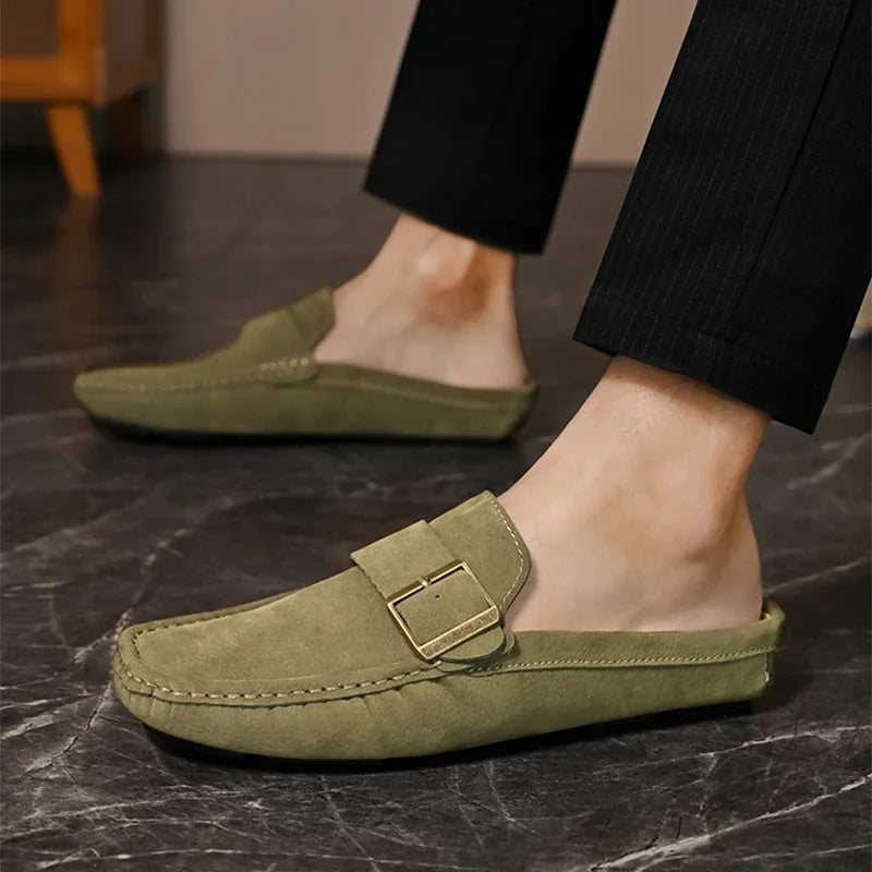 2025 Men's Slippers Leather Casual Shoes Summer Flat Bottom Outdoor Non Slip Comfortable Luxury Trendy Set Wearing Half Slippers