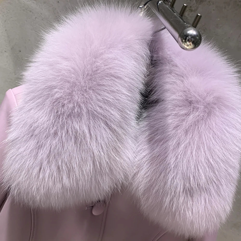 Fox Fur Collar Leather Jackets Women Autumn Luxury Natural Fox Fur Leather Jackets with Long Sleeve