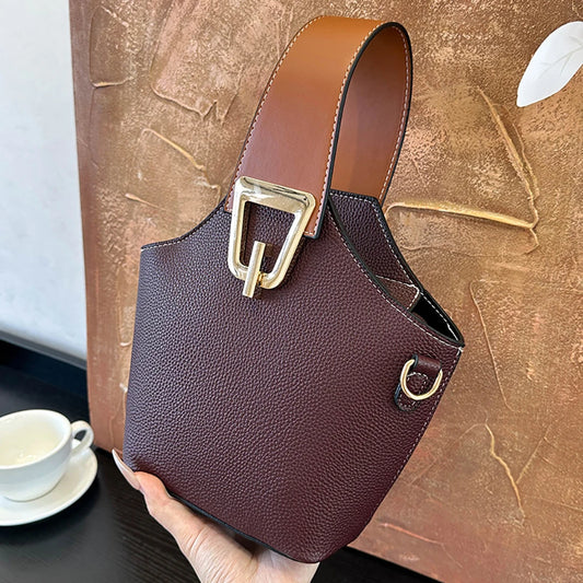 Luxury Bucket Handbags for Women Casual Contrast Color Small Basket Bag Single Shoulder Bags Lychee Pattern Leather Shoulder Bag
