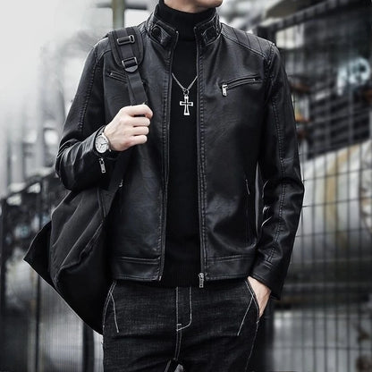 2026 New Leather Jacket Men's Spring and Autumn Thin Handsome Motorcycle Leather Jacket