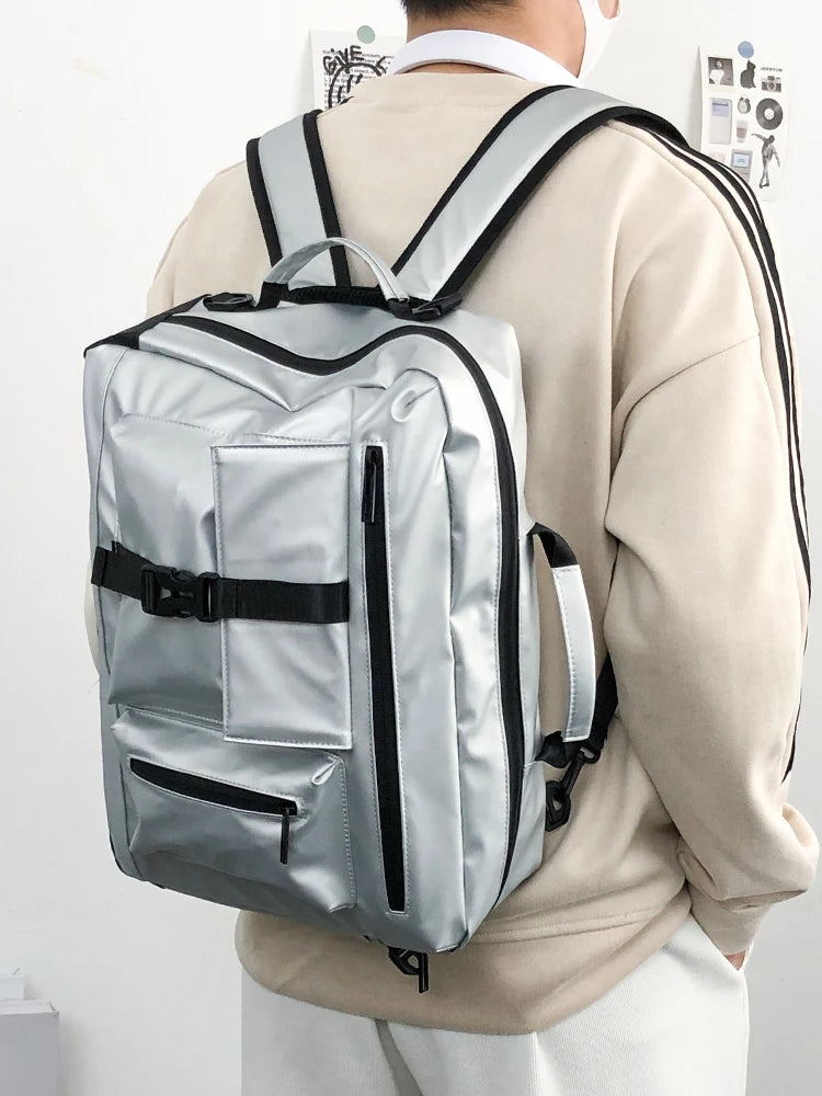 Large Capacity Sports Men's Crossbody Bag Multi-Functional Laptop Bag Backpack for College Students PU Leather Street Style