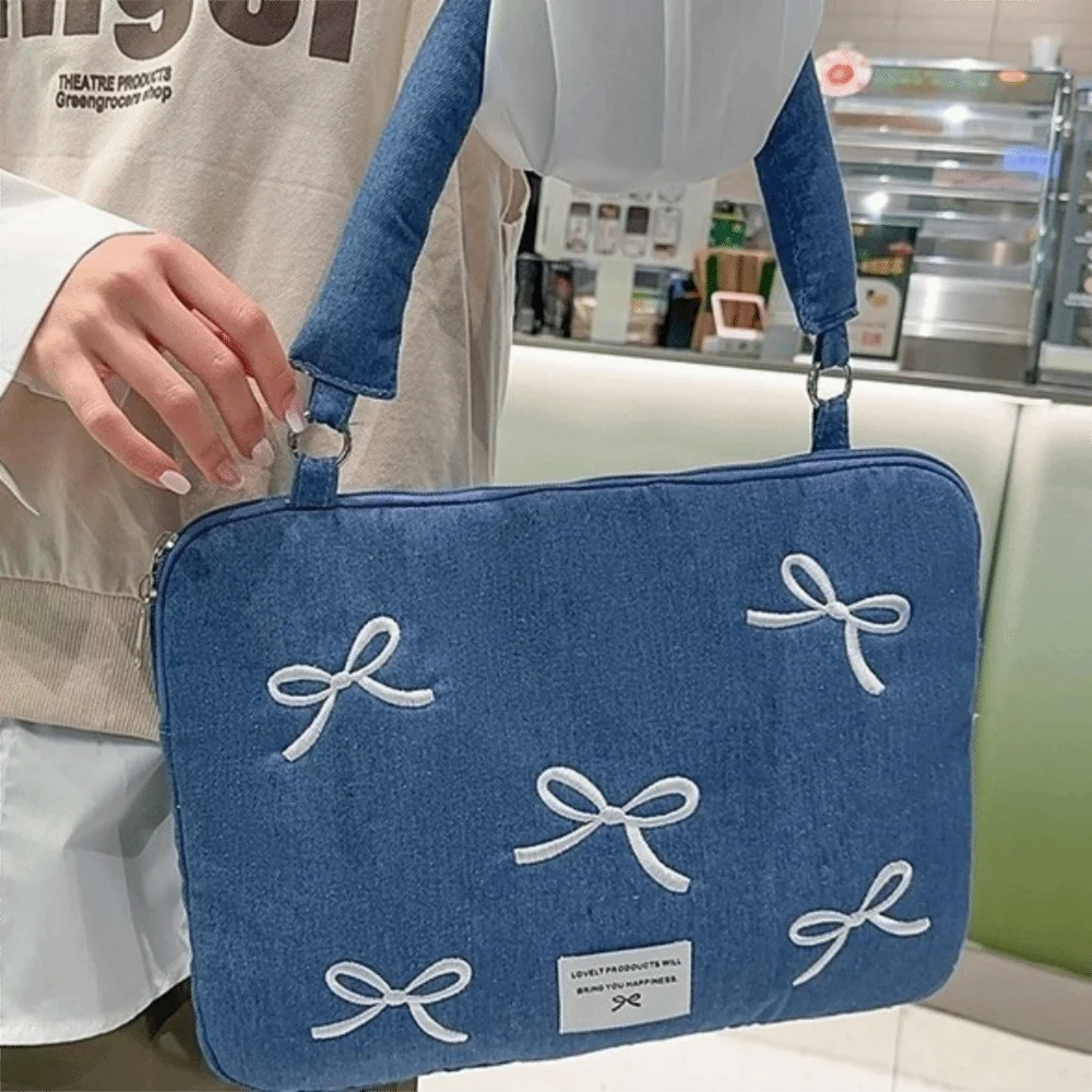 Portable Fashion Computer Bag 14 Inches Bowknot Embroidered Laptop Bag Soft Shockproof Laptop Sleeve Office Use