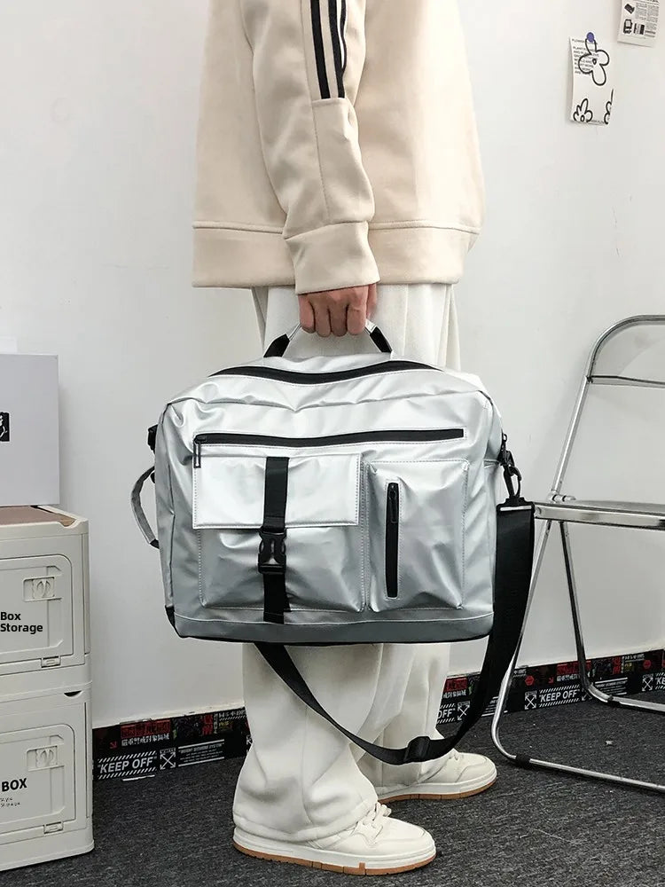 Large Capacity Sports Men's Crossbody Bag Multi-Functional Laptop Bag Backpack for College Students PU Leather Street Style