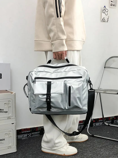 Large Capacity Sports Men's Crossbody Bag Multi-Functional Laptop Bag Backpack for College Students PU Leather Street Style