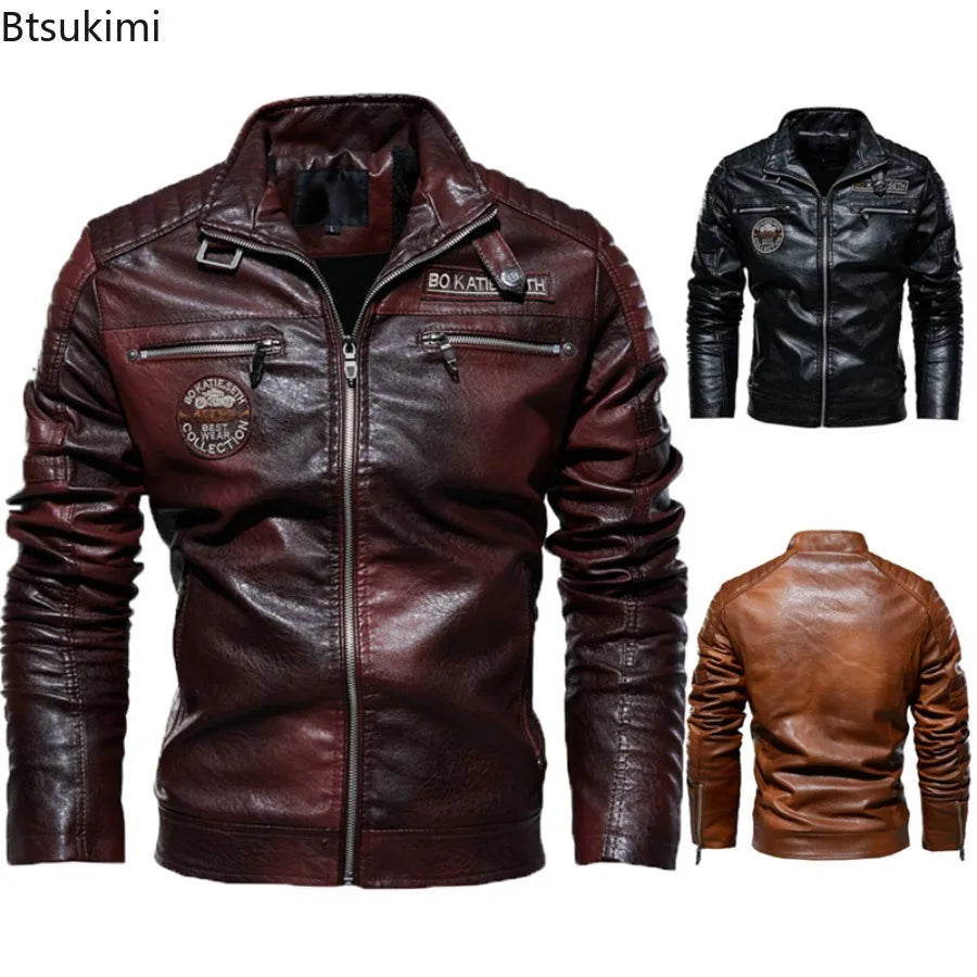 2026 Leather Jackets Men's Autumn Winter Fleece Motorcycle PU Leather Jackets Vintage Casual Stand Collar Windbreaker Slim Coats