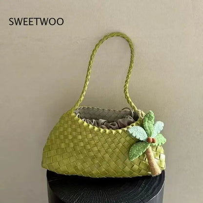 Women's Woven Leather Shoulder Bag Braided Strap Casual Handbag