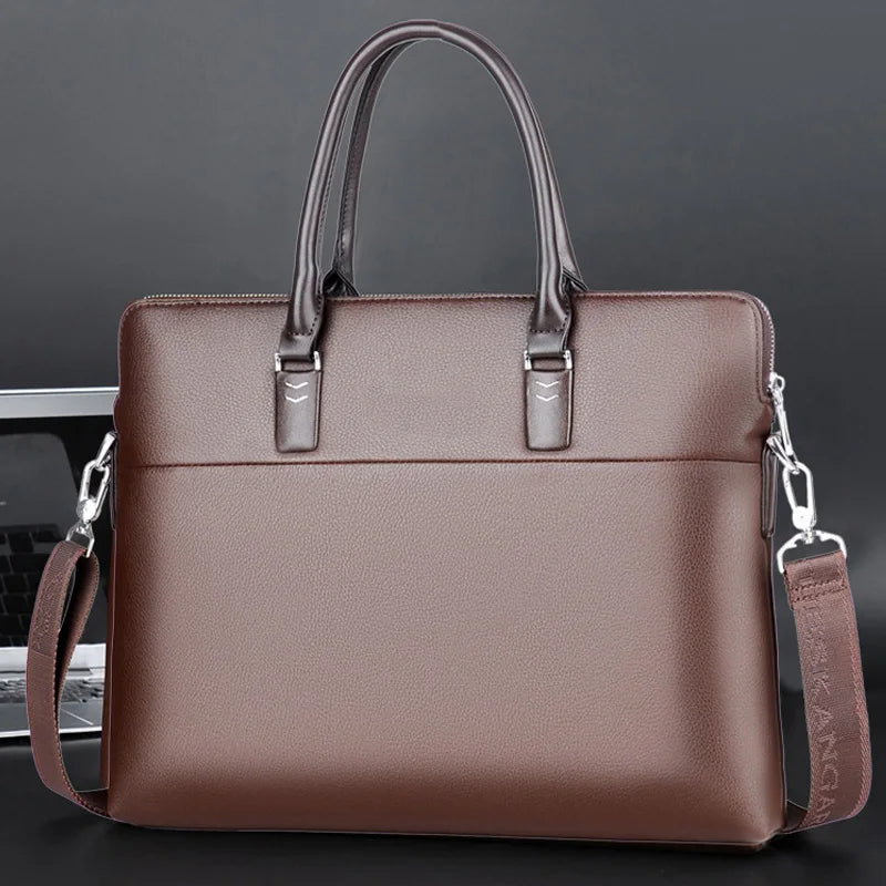Men's Professional Leather Briefcase - 14" Laptop Office Bag with Shoulder Strap, Waterproof Business Messenger Bag