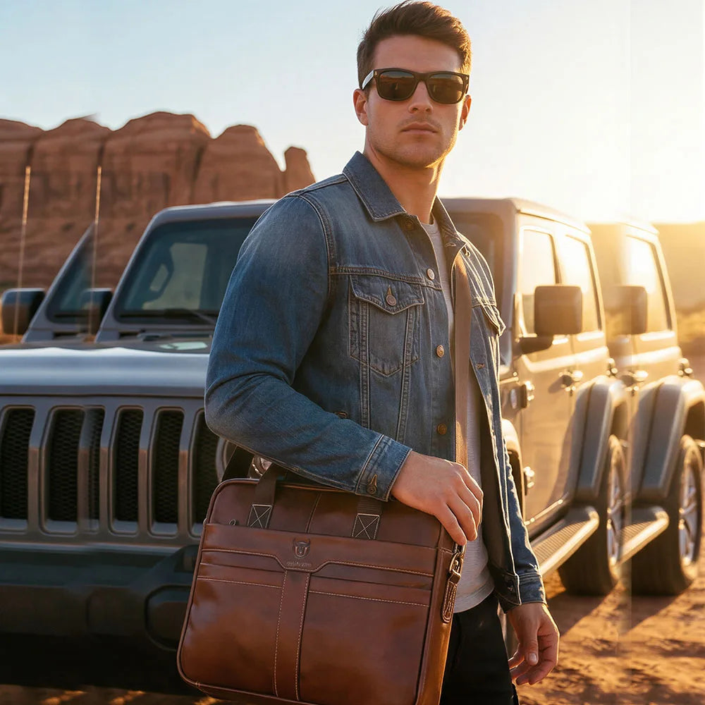 BULLCAPTAIN Leather Laptop Bag, Top Layer Leather 15" Laptop Bag Men's Laptop Briefcase Briefcase Work Business Travel Bag 053