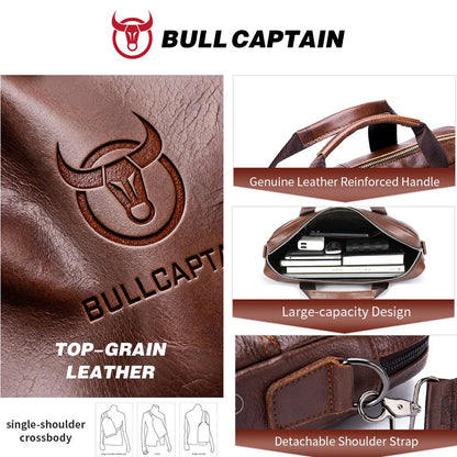 BULLCAPTAIN Leather Laptop Bag, Top Layer Leather 15" Laptop Bag Men's Laptop Briefcase Briefcase Work Business Travel Bag 053