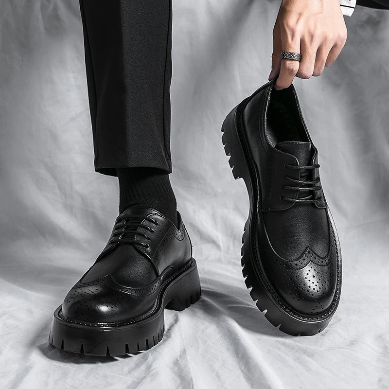 Male Leather Shoes Men 2023 New Chunky Platform Retro Work Shoes Spring Autumn Derby Shoes Highstreet Low Top Man Casual Flats