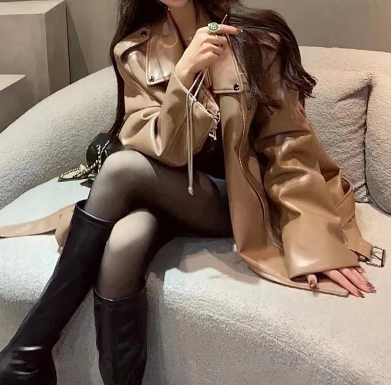 Black Leather Jacket for Women 2025 Spring and Autumn New Loose Fashion Versatile High-end Feel