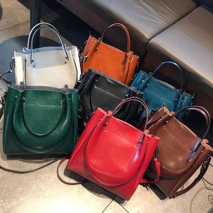 Genuine Leather Tote Bag for Women Large Capacity Oil Wax Leather Top Handle Shoulder Bag Vintage Luxury Designer Handbag