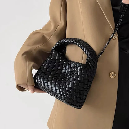 Woven Handbag for Women Soft PU Leather Knitted Tote Bag Fashion Woven Shoulder Bag Summer Beach Hobo Bag Minimalist Clutch
