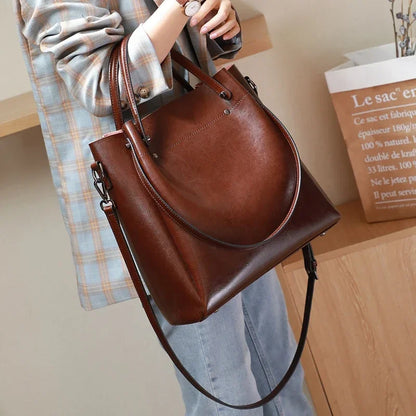 Genuine Leather Tote Bag for Women Large Capacity Oil Wax Leather Top Handle Shoulder Bag Vintage Luxury Designer Handbag