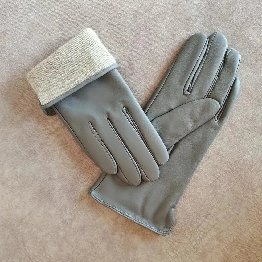 Leather Sheepskin Gloves Women's Autumn Warm Fleece Lining Color Fashion Thin Outdoor Activities Electric Bike Riding Driving