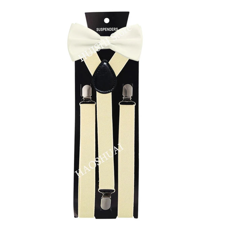 Suspenders Man Bowtie Solid Color Elastic PU Leather Suspenders For Man Belt Adjustable Straps For Wedding Bow Tie Accessories