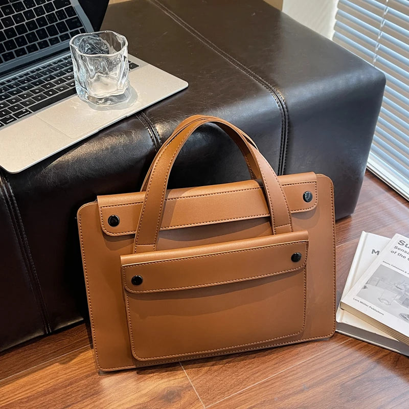 Portable Laptop Bag Size 14.2inch X 9.8inch Fashion iPad Air Bag Solid Pu Leather Handbag Women Computer Briefcase Bag Brown
