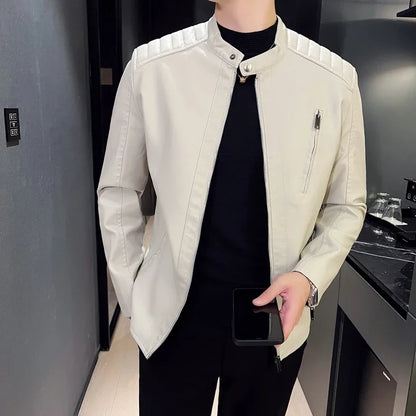 White Leather Jackets Men's Autumn Spring Fashion Trend Simple Personality Male PU Leather Jackets Winter Slim Windbreaker Mens