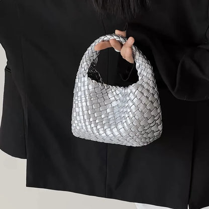 Woven Handbag for Women Soft PU Leather Knitted Tote Bag Fashion Woven Shoulder Bag Summer Beach Hobo Bag Minimalist Clutch