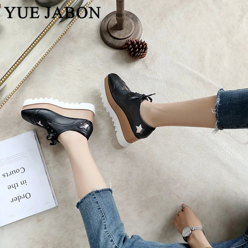 Luxury design thick-soled women's sports shoes fashion star real leather women's casual shoes runway wooden sole women's shoes