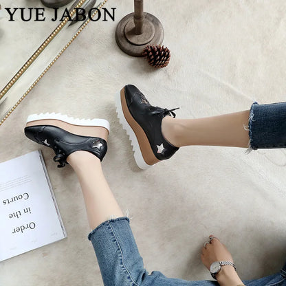 Luxury design thick-soled women's sports shoes fashion star real leather women's casual shoes runway wooden sole women's shoes