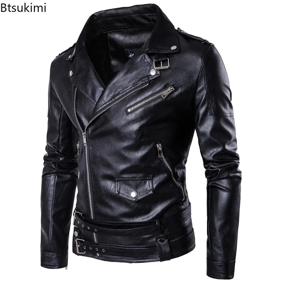 Handsome Motorcycle Leather Jackets for Men British Style Fashion Faux Leather Zipper Coat Casual Streetwear Men Punk PU Jackets